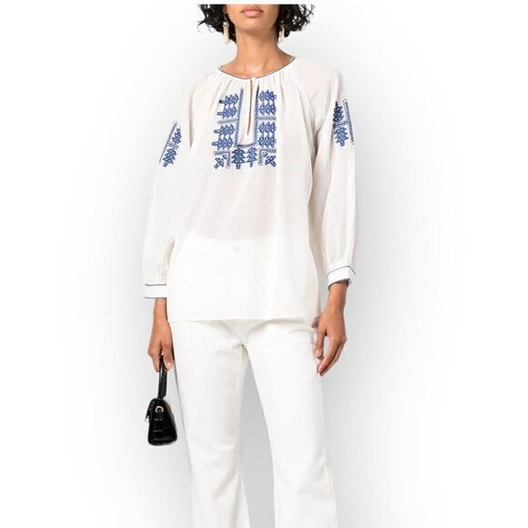 Nili Lotan Ivory Blouse with Navy Embroidery - Picture 1 of 11